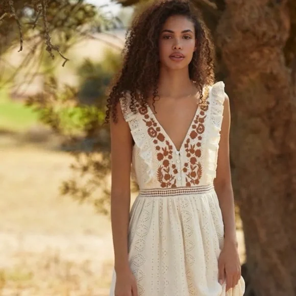 Anthropologie Boho Eyelet V-Neck Maxi Dress with Embroidered Detail - Ivory - L - Picture 1 of 5